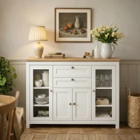 HOMCOM Buffet salon, meuble de rangement avec 1 placard double porte, 2 placards à porte vitrée, 2 tiroirs et étagère réglable, style moderne, buffet salle à manger et cuisine, 120x40x90cm, blanc(m-11)
