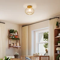 HOMCOM Plafonieră LED Modernă și Minimalistă cu Structură Tip Cușcă și 18 Cristale, din Metal Auriu, Ø27x19 cm(m-8)