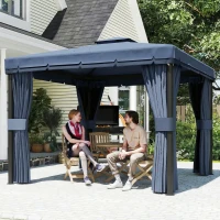 Outsunny 3 x 3(m) Patio Gazebo Canopy Garden Pavilion Tent Shelter Marquee with 2 Tier Roof, Netting and Curtains, Dark Blue(m-10)