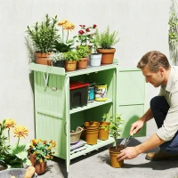 Outsunny Wooden Garden Shed, Garden Tool Storage Shed with Hinged Roof and Shelf, Outdoor Storage Cabinet with Double Doors, Light Green(m-9)