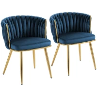 HOMCOM Velvet-Feel Dining Chairs Set of 2, Modern Upholstered Armchair with Knot Design and Golden Metal Legs, Accent Chair for Dining Room, Bedroom, Kitchen, Living Room, Dark Blue(m-1)