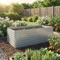 Outsunny Set aus 2 verzinkten Hochbeeten, 180 x 90 x 60 cm Metall-Hochbeete mit sicherer Kante, Silber(m-9)