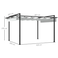 Outsunny Cenador de Jardín 3x4 m con Techo Retráctil de Poliéster y 12 Orificios de Drenaje Pérgola para Terraza Blanco y Gris(m-3)