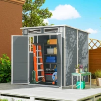 Outsunny 6 x 6 ft Plastic Garden Shed, Wood-Effect Outdoor Storage Shed with Floor, Windows, Lockable Doors and Vents, Grey(m-10)