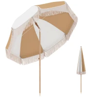 Outsunny Parasol de plage 1,7 m, parasol de jardin inclinable avec ancrage au sable, franges et hauteur réglable, blanc et beige(m-11)