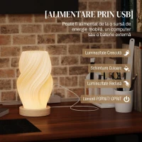 HOMCOM Lampă de masă ondulată cu 3 culori și port USB, din ABS și lemn de cauciuc, Ø12x20 cm, alb și culoare lemn(m-6)