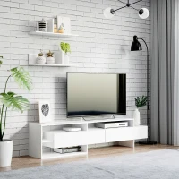 HOMCOM Mueble de Salón para TV con Mesa para Televisor 180x33,5x42 cm y 2 Estantes de Pared 65x20x20 cm Blanco(m-10)