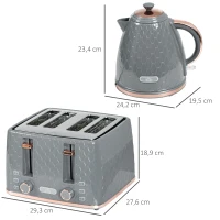 HOMCOM Conjunto de cozinha 2-em-1, torradeira e chaleira, várias opções, 1,7 L, 4 fatias de torrada ao mesmo tempo, plástico, Cinza(m-3)