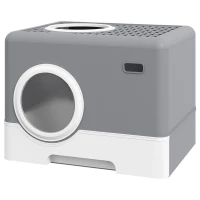 PawHut Lettiera per Gatti con Coperchio e Paletta, Doppio Ingresso e Vassoio Estraibile, 52x41x38.5 cm, Grigio(m-11)