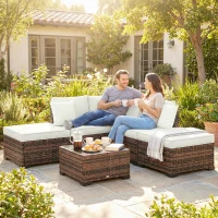 Outsunny Conjunto de Jardín Exterior de Ratán de 6 Piezas con Silla Esquinero 2 Sillas sin Brazos Reposapiés y Mesa Marrón(m-10)