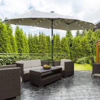 Outsunny Ombrellone da Giardino Doppio 4.5m con 48 Luci LED e Manovella, Grigio Chiaro(m-10)