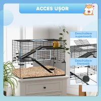 PawHut Cușcă pentru Hamsteri cu 3 Niveluri cu Bază din Sticlă Temperată, Roată și Accesorii, 76,5x48,5x54,5 cm, Negru(m-7)