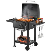 Outsunny Holzkohlegrill BBQ Smoker mit Deckel Thermometer höhenverstellbar Kohlepfanne Kamin Grillrost Seitentisch Aschefach(m-12)