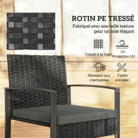 Outsunny Salon de jardin extérieur en résine tressée 2 personnes, table de jardin avec 2 chaises, plateau en verre trempé, noir(m-5)