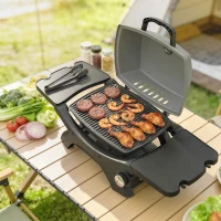 Outsunny Gasgrill 3,3 KW Tischgrill mit 1 Brenner klappbar Seitentischen Gusseisen Grillroste herausnehmbar Fettauffangschale(m-9)