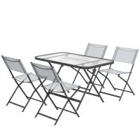 Outsunny Conjunto de Mesa y 4 Sillas de Jardín Plegable con Mesa de Vidrio Templado Estilo Moderno para Terraza Patio Gris(m-1)