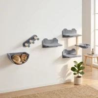 PawHut 4PCs Wall-Mounted Cat Shelves w/ Scratching Post, Hammock, Nest - Grey(m-13)