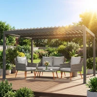 Outsunny Pergola bioclimatique 4x3m, pergola aluminium, lames orientables, manivelle, protection soleil, imperméable, gris foncé(m-10)