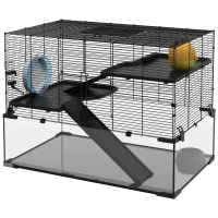 PawHut Cușcă pentru Hamsteri cu 3 Niveluri cu Bază din Sticlă Temperată, Roată și Accesorii, 76,5x48,5x54,5 cm, Negru(m-12)