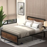 HOMCOM Estrutura de cama de casal em aço com estrado e cabeceira compatível com colchão 190 x 140 cm aspecto madeira escura(m-2)