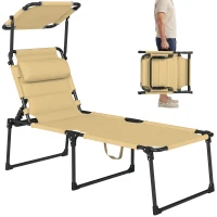 Outsunny Bain de soleil chaise longue pliante avec pare-soleil, appuie-tête inclinable en tissu Oxford 70 x 200 x 45 cm crème(m-14)