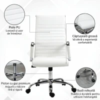 Vinsetto Scaun de Birou Ergonomic din Piele Ecologică, Scaun Rotativ și cu Funcție de Legănare, 54x62x104-114 cm, Alb(m-6)