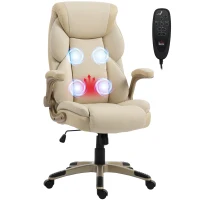 HOMCOM Silla de Oficina con Masaje Vibratorio de 4 Puntos Calor Lumbar Brazos Abatibles Respaldo Alto Altura Ajustable Crema(m-11)