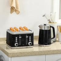 HOMCOM Electric Stainless Steel Kettle and Toaster Set, 3000W 1.7L UK Strix Thermostat Fast Boil Kettle w/ Limescale Filter, Cool Touch Body, 4 Slice Toaster with 7 Browning Levels, Black(m-10)