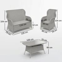 Outsunny Garden PE Rattan Dining Sofa Set, Outdoor 4 Seater Wicker Furniture, High Back Chairs with Cushions, Tempered Glass Coffee Table for Patio, Light Grey(m-3)
