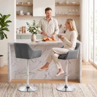 HOMCOM Conjunto 2 Banquetas de Bar Giratórias em Veludo com Altura Ajustável, Apoio para os Pés, Encosto, Base em Metal, Cinzento(m-6)