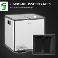 HOMCOM 30L Dual Compartment Stainless Steel Bin, with Deodoriser Holders - Silver Tone(m-7)
