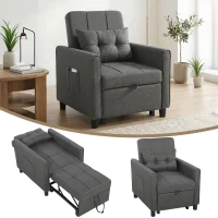 HOMCOM Fotoliu Pat Single 3 în 1 din Material Textil Tip In și Lemn cu Spătar Reclinabil, Pernă, Buzunare, Gri(m-11)
