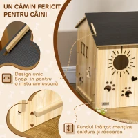 PawHut Căsuță pentru câini de interior cu structură din lemn și decupaje în formă de labă, inimă și os, stejar(m-6)