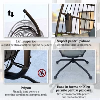 Outsunny Fotoliu Suspendat tip Ou cu Suport Reglabil, 2 Perne și Coș, din Oțel, 120x88x192 cm, Negru și Gri(m-7)