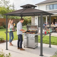 Outsunny Grillpavillon 2,5 x 1,5 m, Wasserdicht Grillüberdachung mit Doppeldach aus Polycarbonat Seitenablage Braun(m-9)