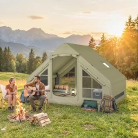 Outsunny Inflatable Camping Tent with Pump and Stove Jack Hole, Luxury Inflatable Tent with Mesh Windows, Doors, Olive Green(m-10)