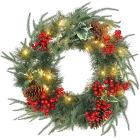 HOMCOM Ghirlandă de Crăciun de 60 cm cu lumini LED albe, timer, conuri, boabe și frunze de ilex, verde(m-1)