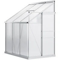 Outsunny 6 x 4ft Lean to Wall Polycarbonate Greenhouse Aluminium Walk-in Garden Greenhouse with Adjustable Roof Vent, Rain Gutter and Sliding Door, Clear(m-10)