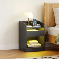 HOMCOM Mesita de Noche con Estación de Carga Luz LED RGB Cajón Estante Abierto Puertos USB y Control Remoto 40x40x58 Cm Negro(m-10)