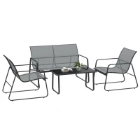 Outsunny Set de Grădină 4 Piese cu Măsuță de Cafea, Bancă pentru 2 Persoane și 2 Scaune, din Metal și Textilină Gri Deschis(m-11)