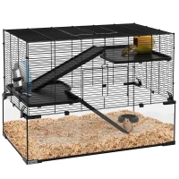 PawHut Cușcă pentru Hamsteri cu 3 Niveluri cu Bază din Sticlă Temperată, Roată și Accesorii, 76,5x48,5x54,5 cm, Negru(m-11)