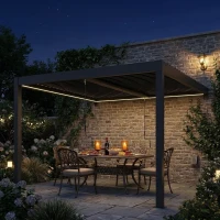 Outsunny 3 x 3 m Louvered Pergola with LED Lights, Metal Louvres, Wall Mounted Aluminium Patio Gazebo Pergola, Dark Grey(m-10)