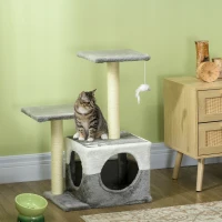 PawHut Cat Tree w/ Sisal Scratching Posts, House, Perches, Toy Mouse, Grey(m-10)