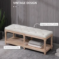 HOMCOM 2-Tier Bed End Bench, Vintage Stool, Wooden Window Seat with Storage Shelf, Button Tufted Upholstered Footstool for Living Room, Bedroom, Entryway, Cream White(m-4)
