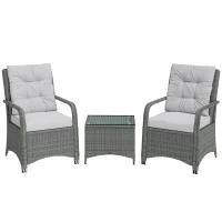 Outsunny 3 Pieces Rattan Bistro Set, Wicker Garden Furniture Set with Metal Frame, Cover, Glass Top Coffee Table, Light Grey(m-1)