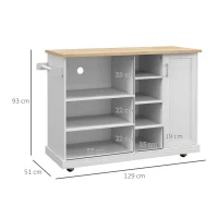 HOMCOM Carrinho ilha de cozinha com rodízios 7 compartimentos 1 armário 1 porta 1 suporte para panos 129 x 51 x 93 cm madeira e branco(m-3)