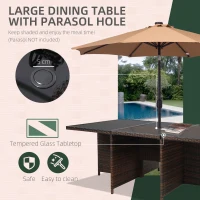 Outsunny 10 Seater Rattan Cube Garden Furniture Set with Parasol Hole, Rattan Dining Set with Cushions, Outdoor Dining Table and Chairs with Rectangular Glass Top Table for Patio, Mixed Brown(m-5)