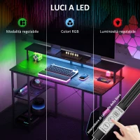 HOMCOM Scrivania per PC Reversibile con Prese Elettriche, Luci, Supporto Monitor e Scaffale, 120x50cm, Nero(m-4)