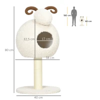 HOMCOM Kratzbaum für Katzen, Schafdesign inkl. Katzenhöhle u. Kratzstamm, waschbares Kissen, Cremeweiß + Braun(m-3)