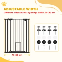 PawHut Extra Tall Pet Gate, Indoor Dog Safety Gate, with Cat Flap, Auto Close, 74-80cm Wide - Black(m-15)